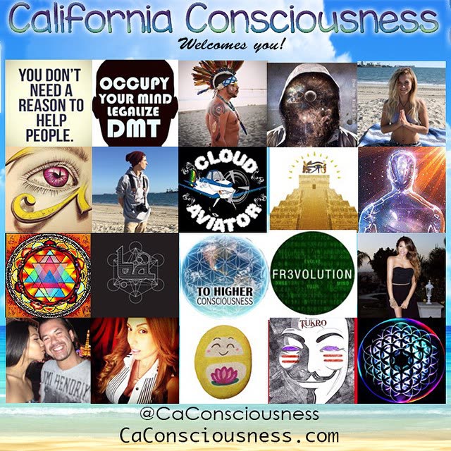 The original 1960s-style 'California Consciousness Welcomes You' card from 2015, listing CaConsciousness.com and the founding ethos.